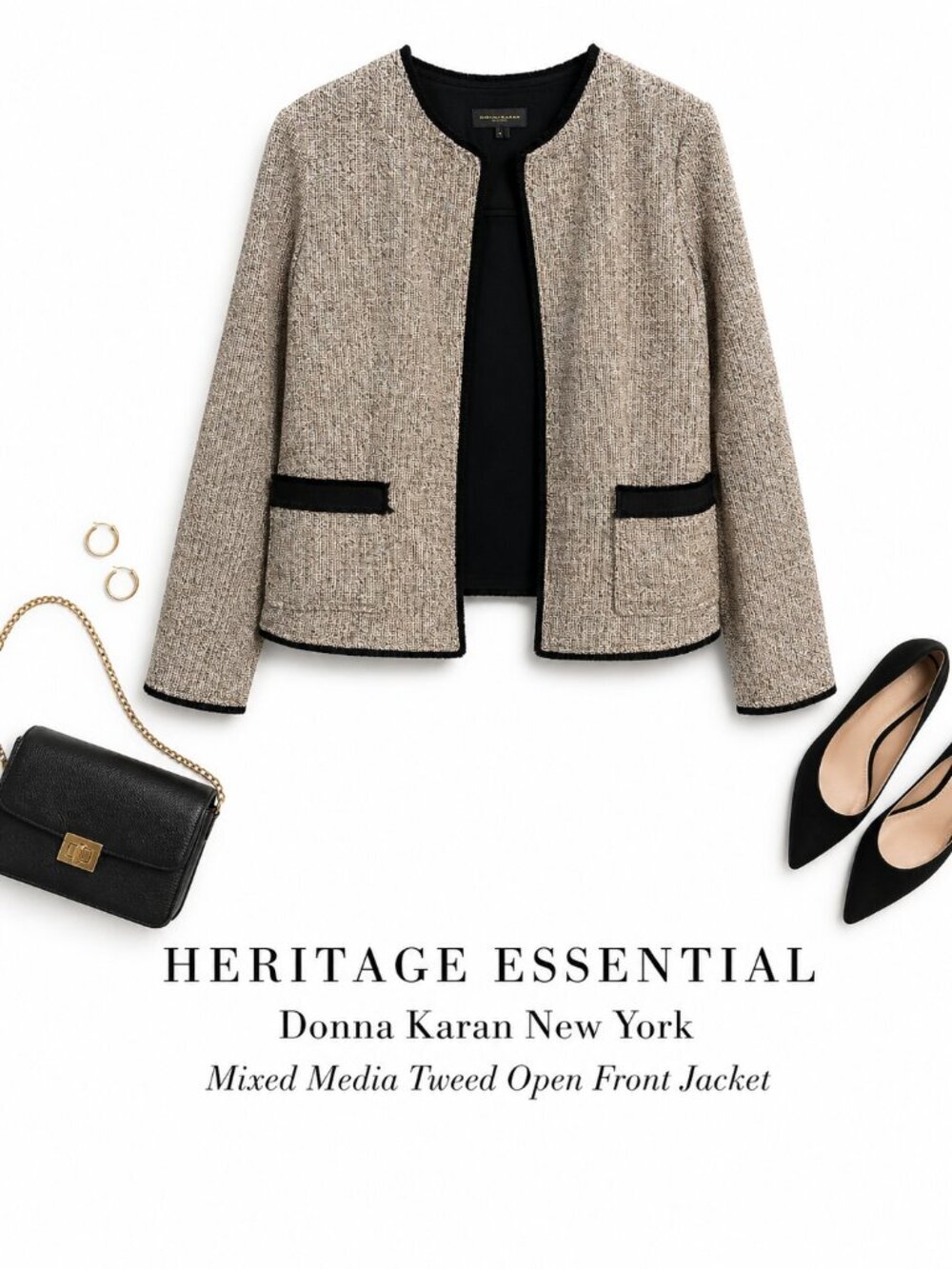 Donna Karan Tweed Jacket Mixed Media Crop Open Front Blazer 6